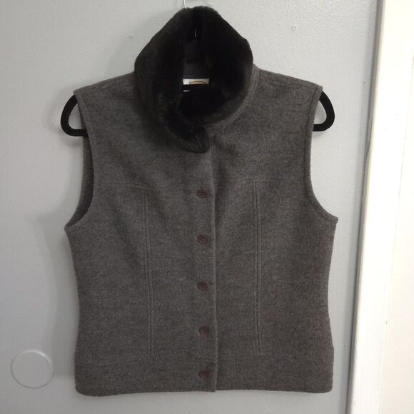 Talbots Jackets & Blazers - Talbots Gray 100% Wool‎ Detachable Black Faux Fur Collar Vtg Vest Size Med